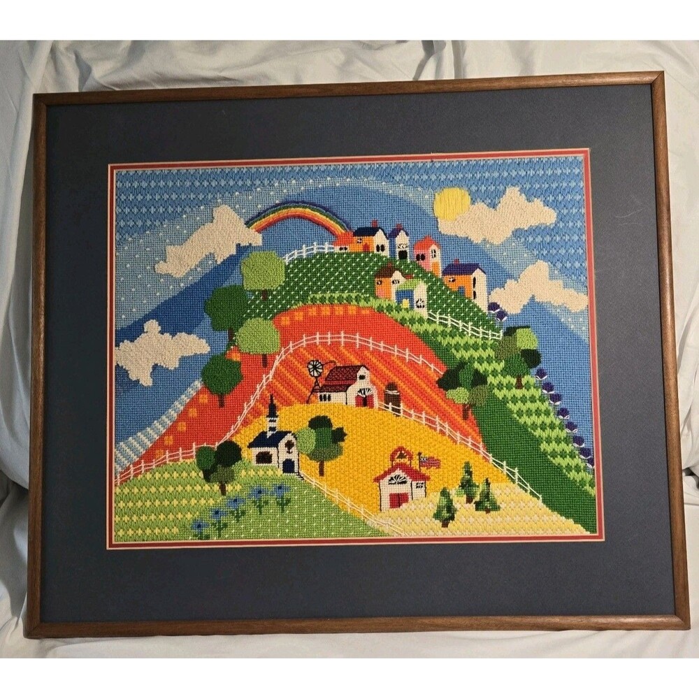 VTG 1980 Needlepoint Complete Country Farm School Scene Matted/framed 20X23"